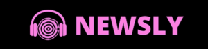 A black and pink word logo for Newsly, with headphones at the left
